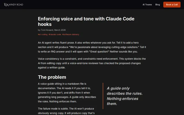 Four Claude Code hooks that enforce voice and tone on AI-written copy
