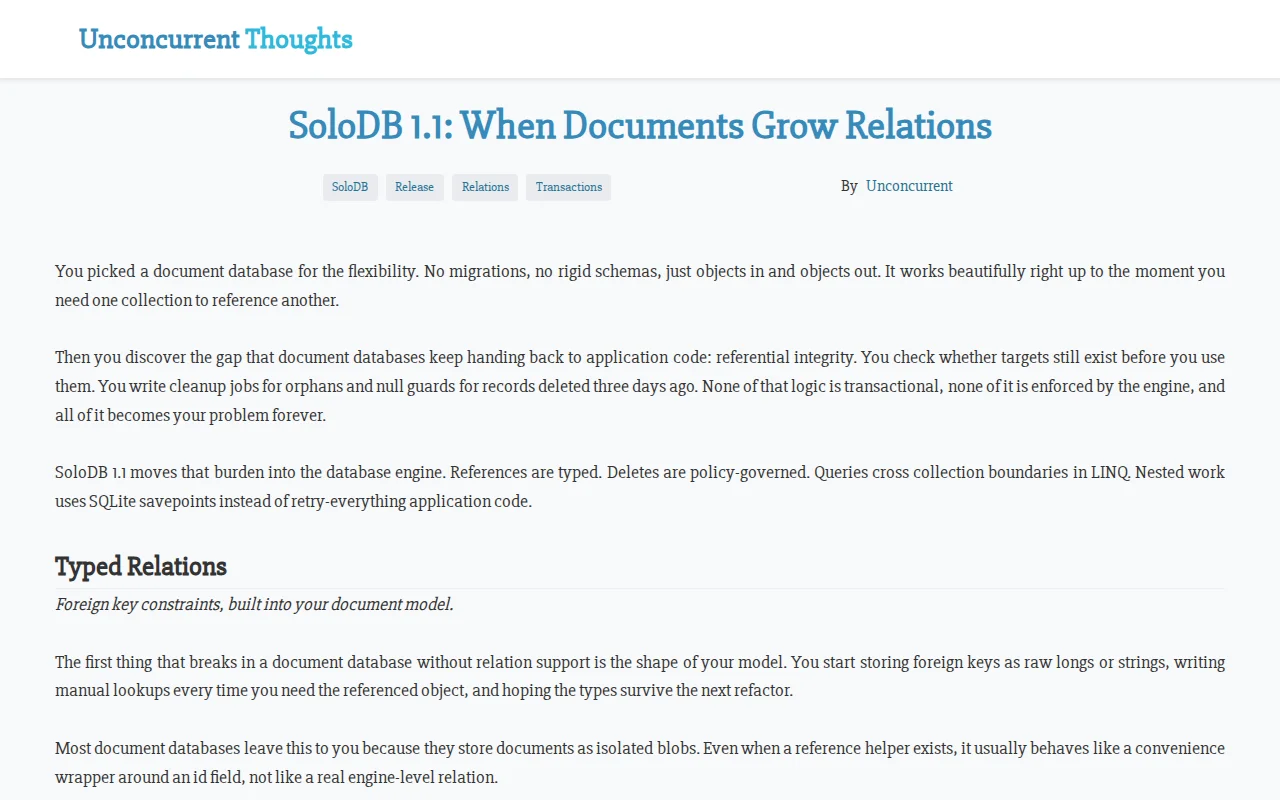 SoloDB 1.1 – embedded .NET document DB with real referential integrity