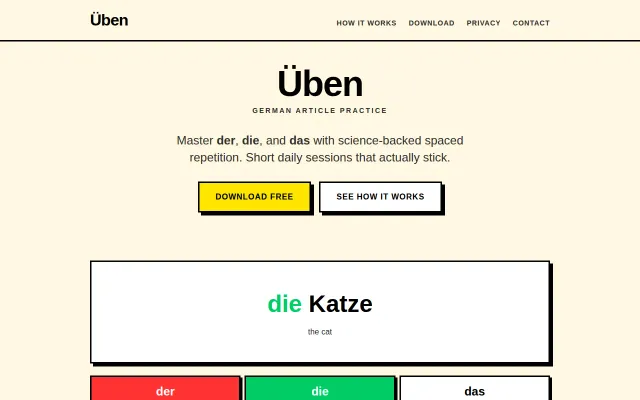 Üben – Free offline app for drilling German noun articles (der/die/das)