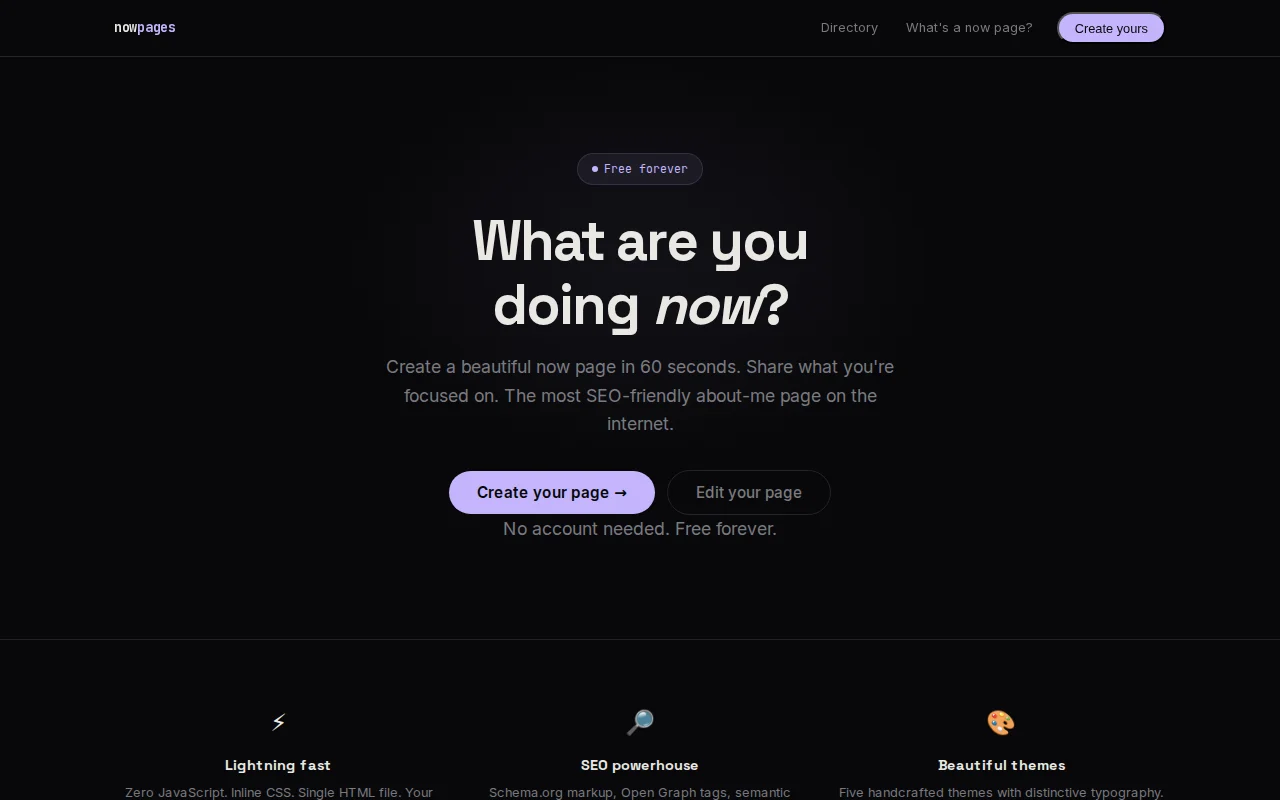 NowPages – Free "now page" generator, no sign-up, pure HTML output