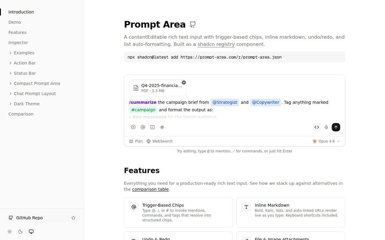 Prompt Area – Rich text input for AI chat UIs (Shadcn, zero deps)