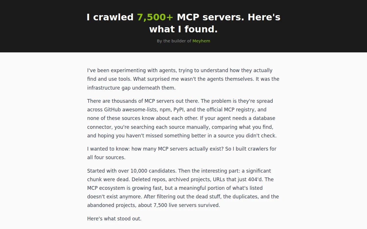 Search 7,500 MCP servers across NPM, PyPI, and the official registry