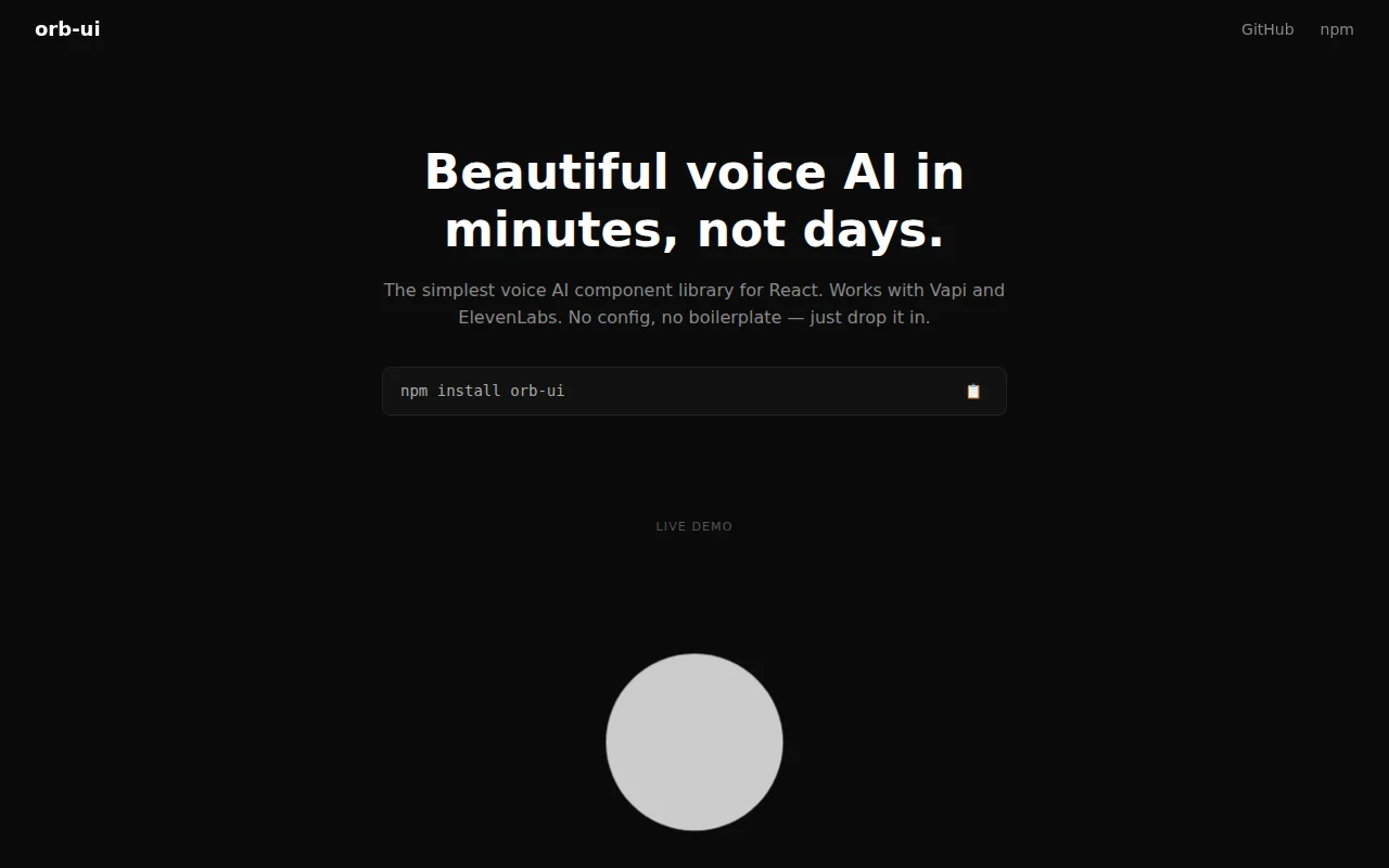 orb-ui – Voice AI UI Components for React (Vapi, ElevenLabs, etc.)