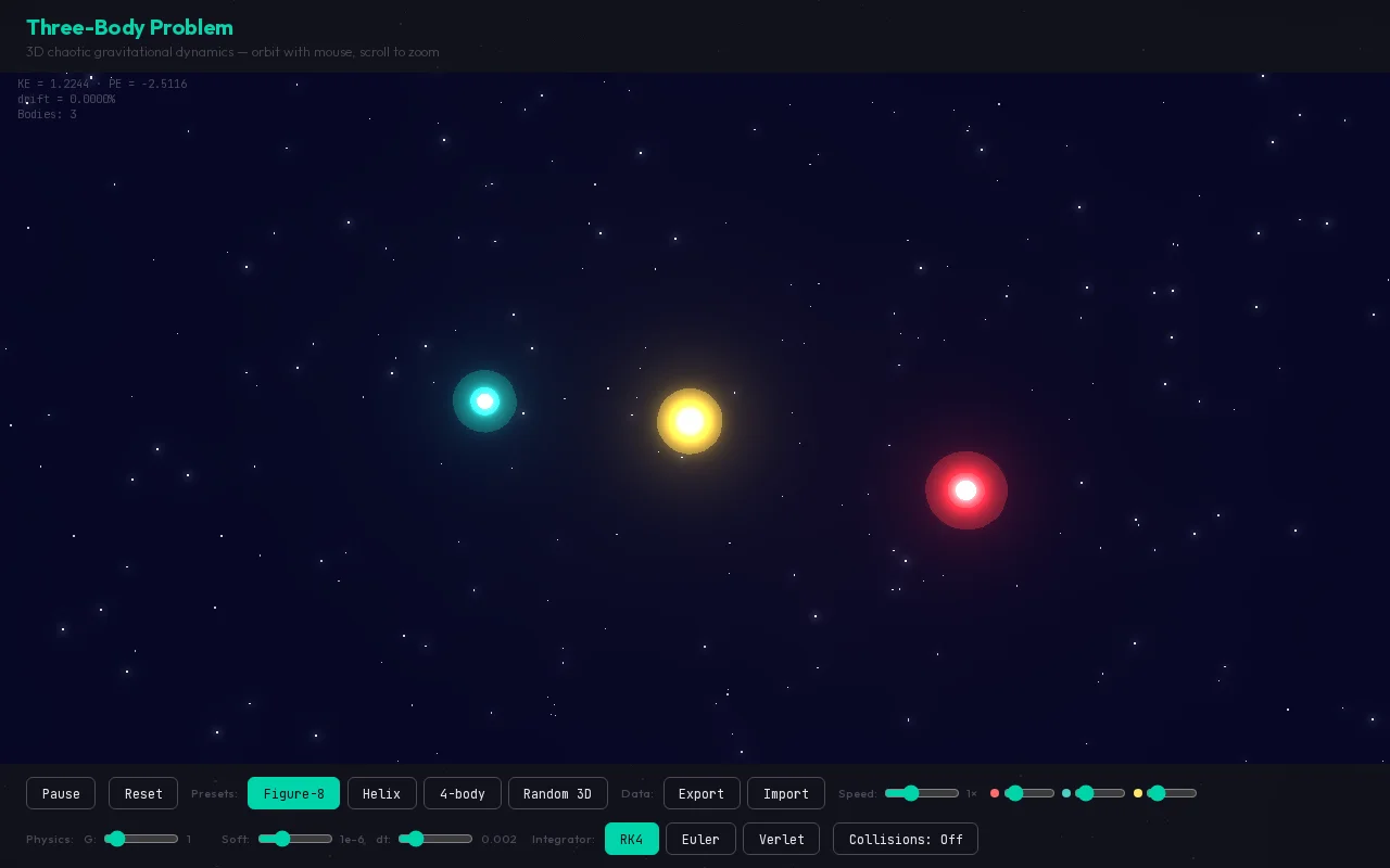 I built an interactive 3D three-body problem simulator in the browser