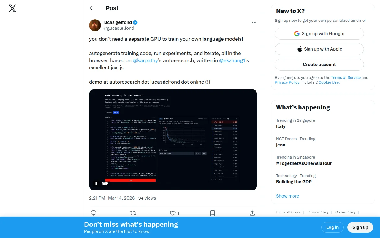 Autoresearch-WebGPU uses agents to iteratively train LMs in the browser
