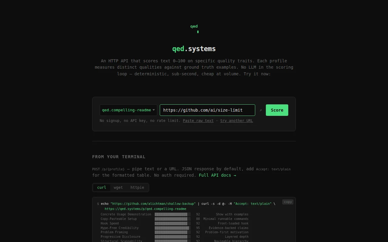 Score any URL against a quality profile with one curl command