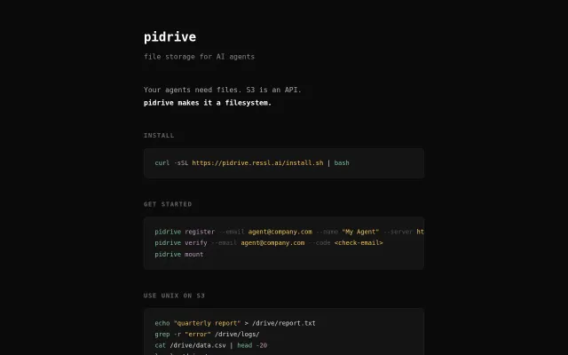 Pidrive – File storage for AI agents (mount S3, use ls/cat/grep)