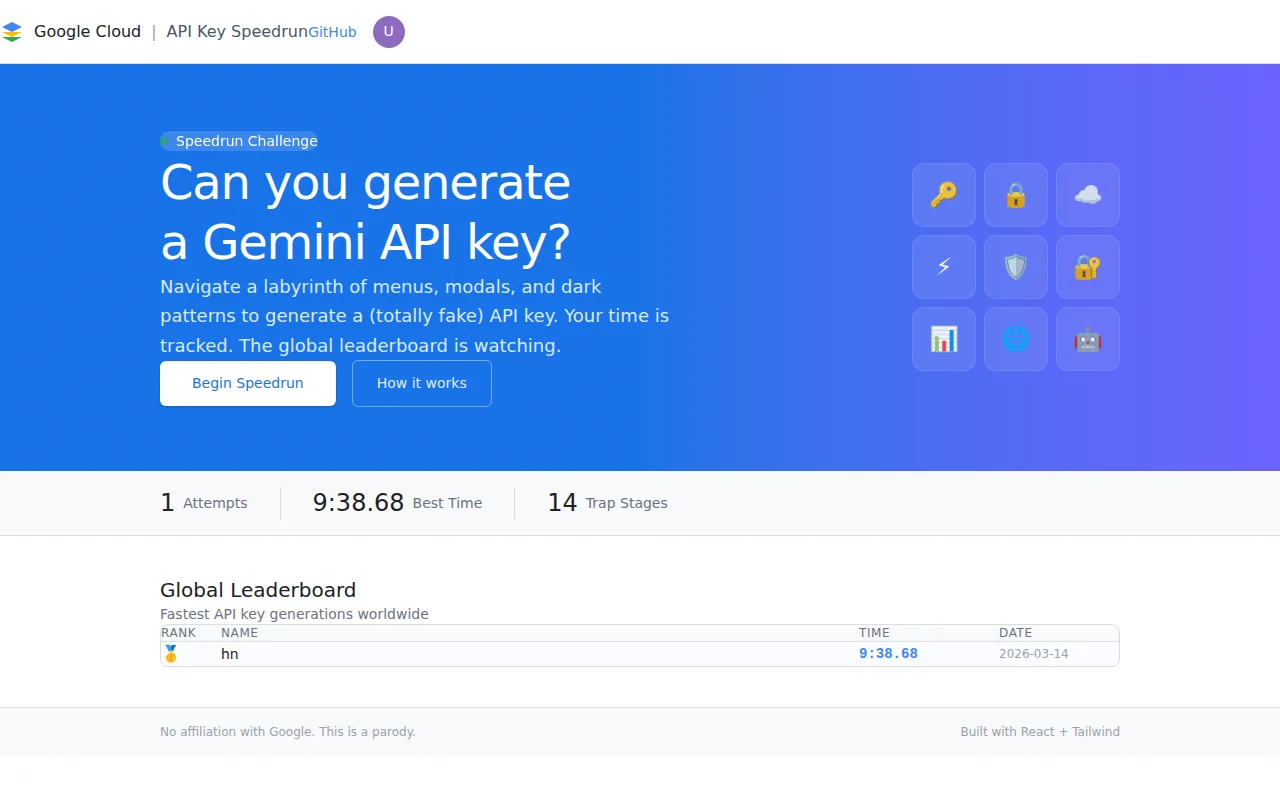 API Key Speedrun- A parody where generating an API key is the challenge