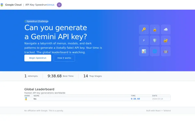 API Key Speedrun- A parody where generating an API key is the challenge