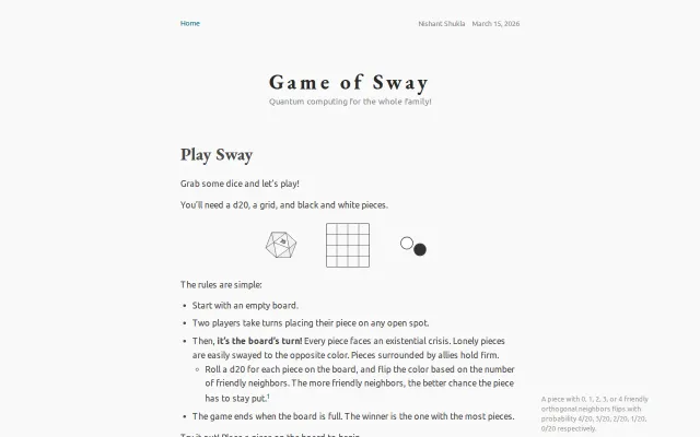 Sway, a board game benchmark for quantum computing