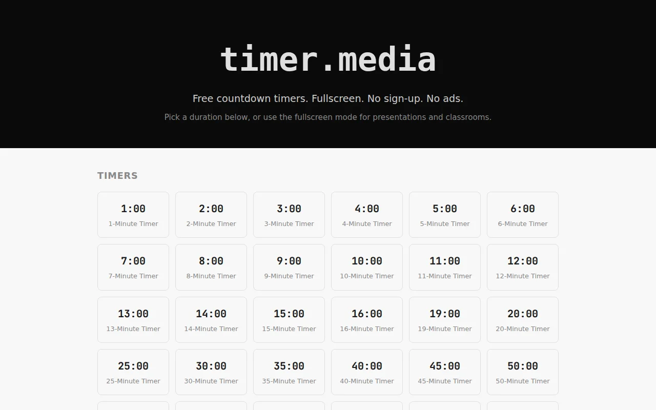 Timer.media – Free fullscreen timers, no signup, no ads