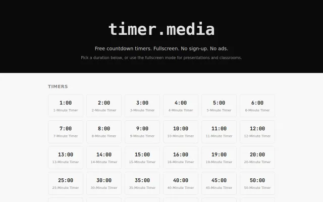 Timer.media – Free fullscreen timers, no signup, no ads