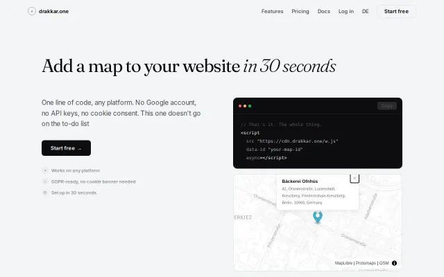 Drakkar.one – Google Maps embed replacement, no API keys, GDPR-ready