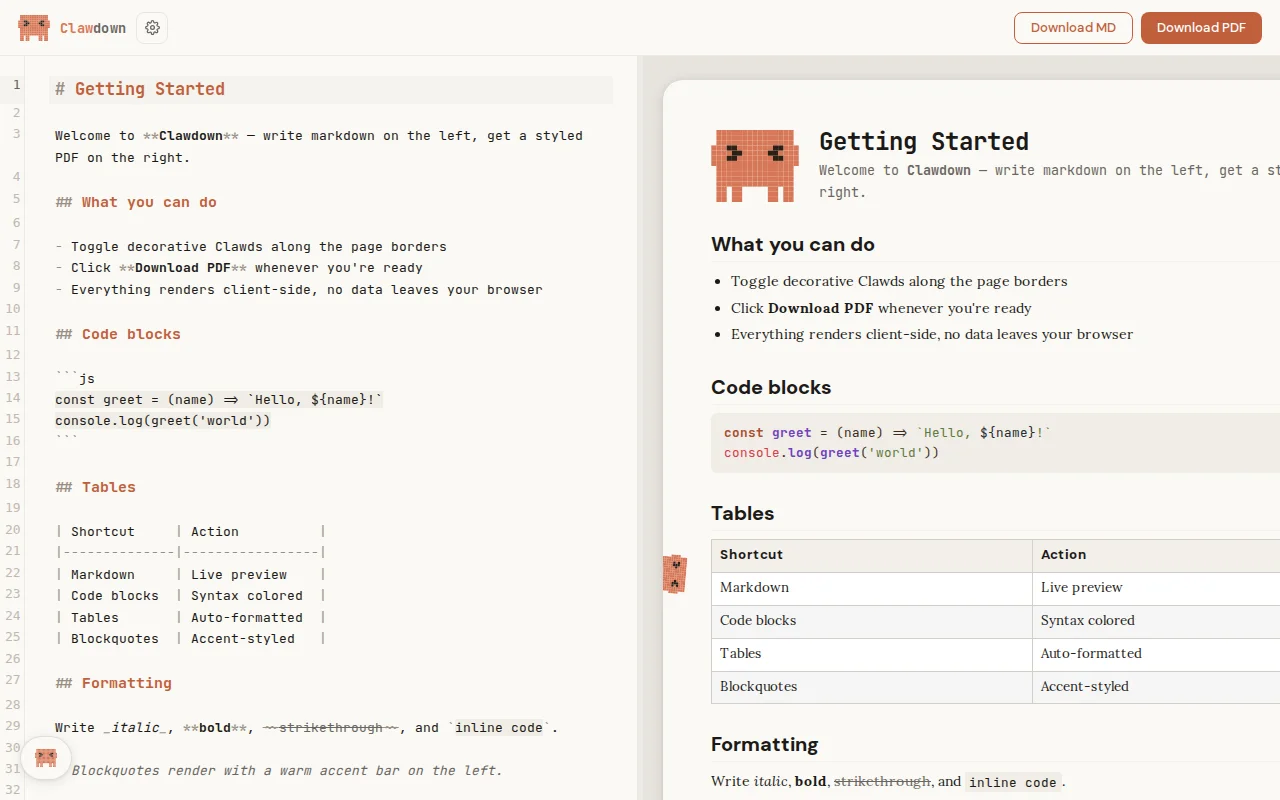 Clawdown – Markdown to PDF with MCP and a pixel cat judging your docs