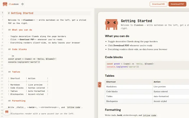 Clawdown – Markdown to PDF with MCP and a pixel cat judging your docs