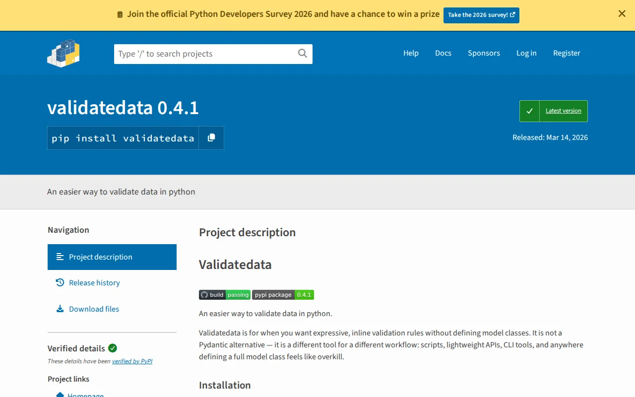 Validatedata 0.4 – validation rules for Python that resemble your data