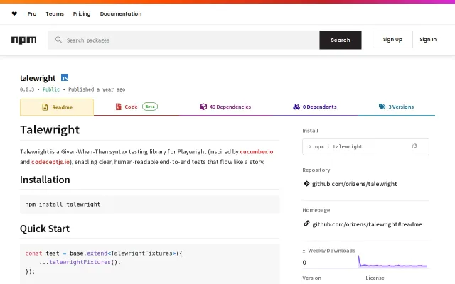 Talewright is a Given-When-Then syntax testing library for Playwright