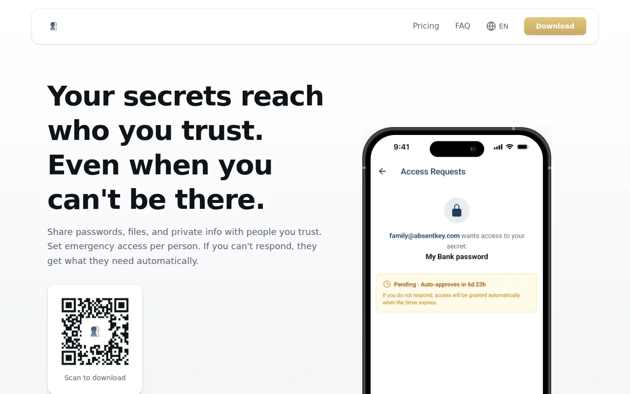 AbsentKey E2E encrypted vault that releases secrets when you can't