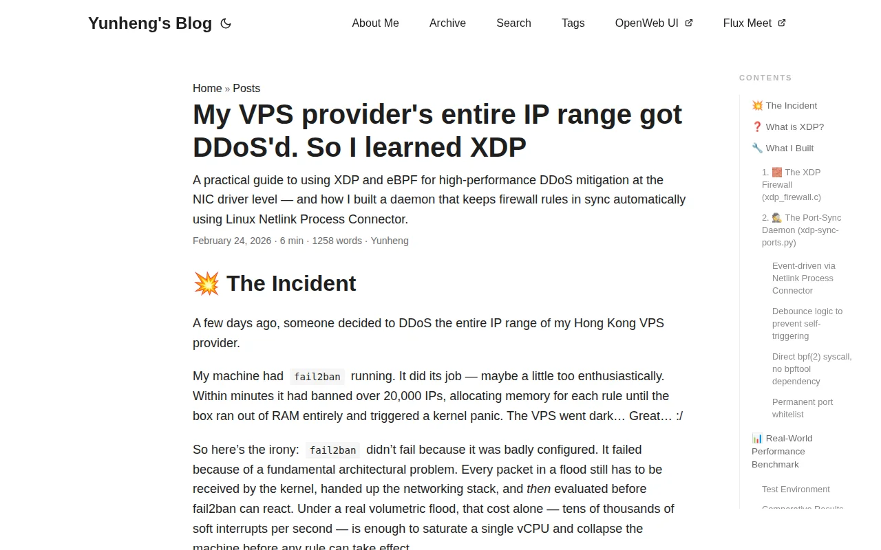 My VPS got DDoS'd into a kernel panic, so I learned XDP