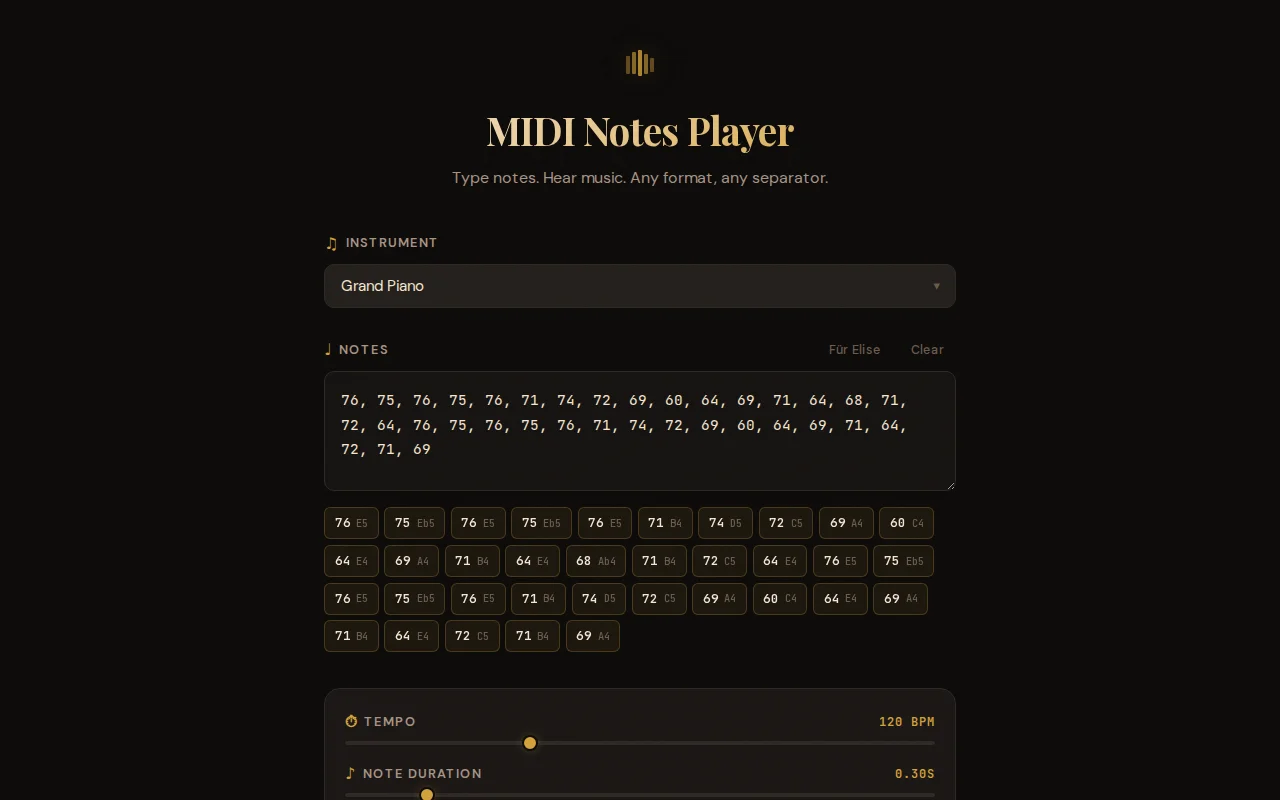 MIDI Notes Player – Play any MIDI note sequence in the browser