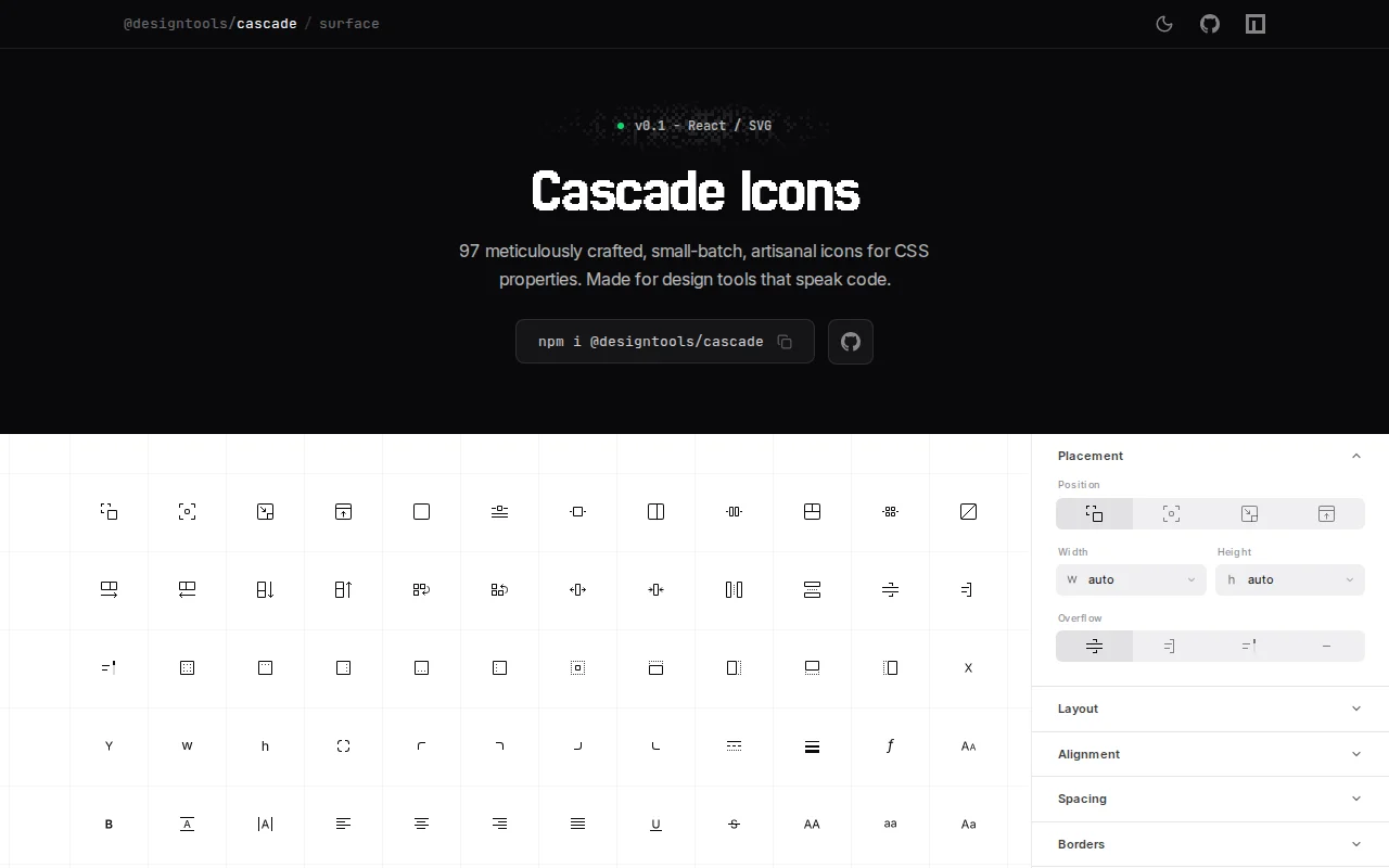 An icon set representing CSS properties and values, for editor UIs
