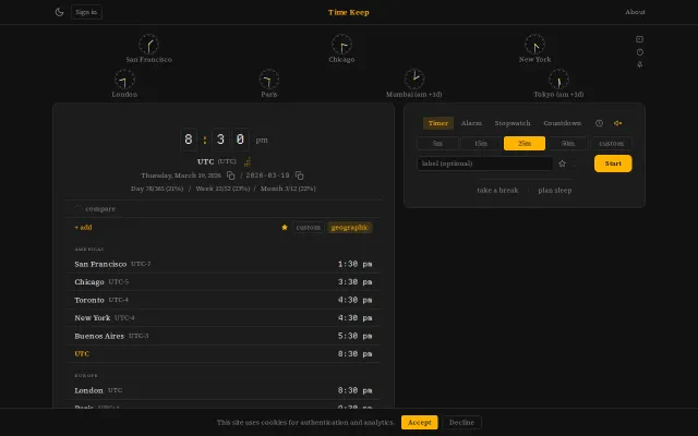 Time Keep – Location timezones, timers, alarms, countdowns in one place