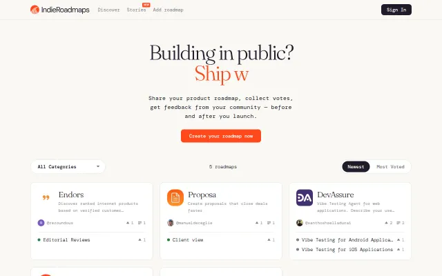 IndieRoadmaps – public roadmaps for indie hackers