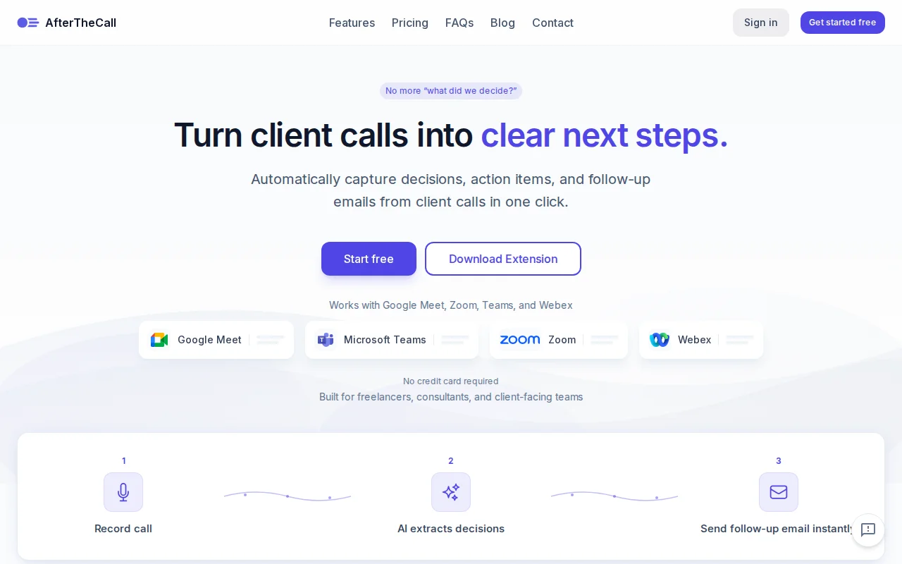 AfterTheCall – AI summaries and action items for client calls