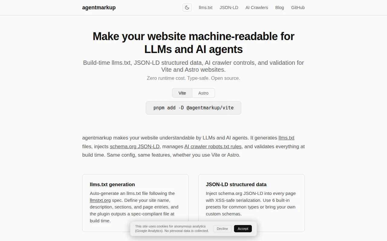 Agentmarkup, build-time JSON-LD and llms.txt checks for Vite/Astro