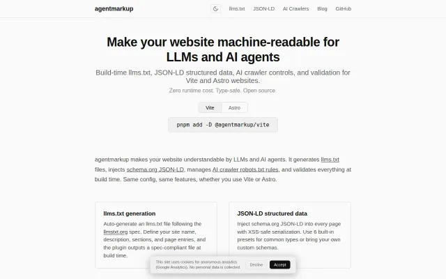Agentmarkup, build-time JSON-LD and llms.txt checks for Vite/Astro