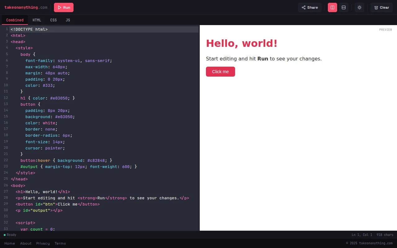 Free code editor/preview, no ads, no login, single HTML file or Split