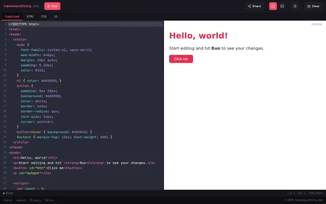 Free code editor/preview, no ads, no login, single HTML file or Split
