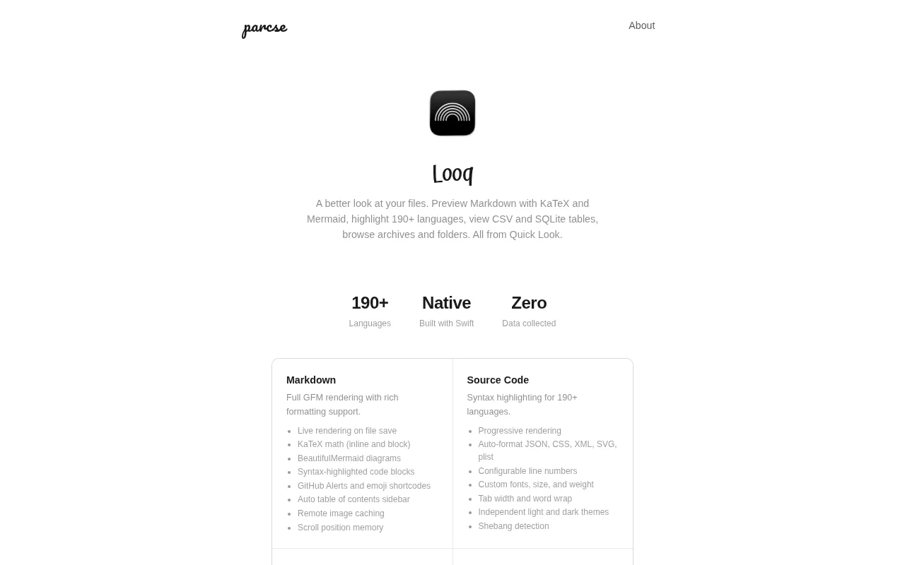Looq, a Quick Look Extension for Markdown, Code, CSV, SQLite, and More