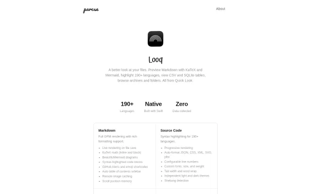 Looq, a Quick Look Extension for Markdown, Code, CSV, SQLite, and More