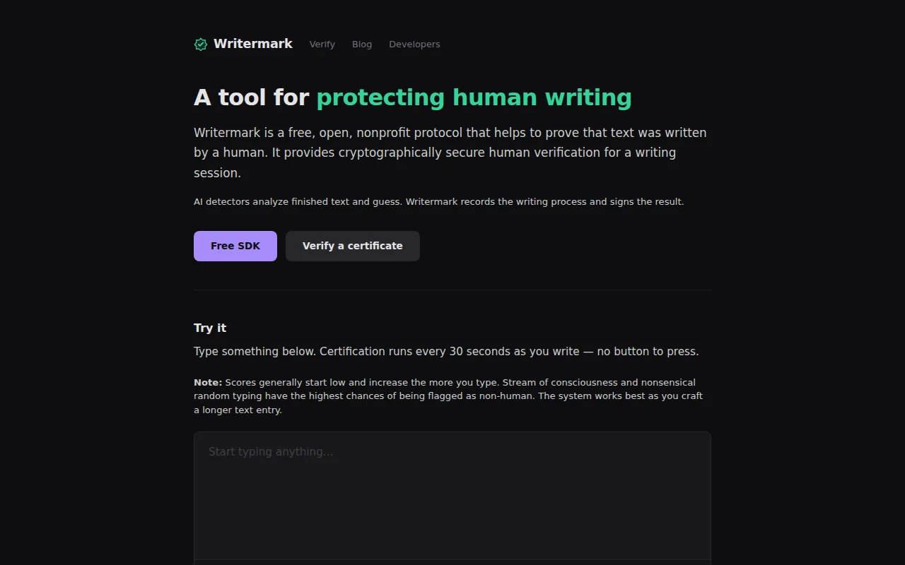 Writermark – Open protocol to help prove text is human-written