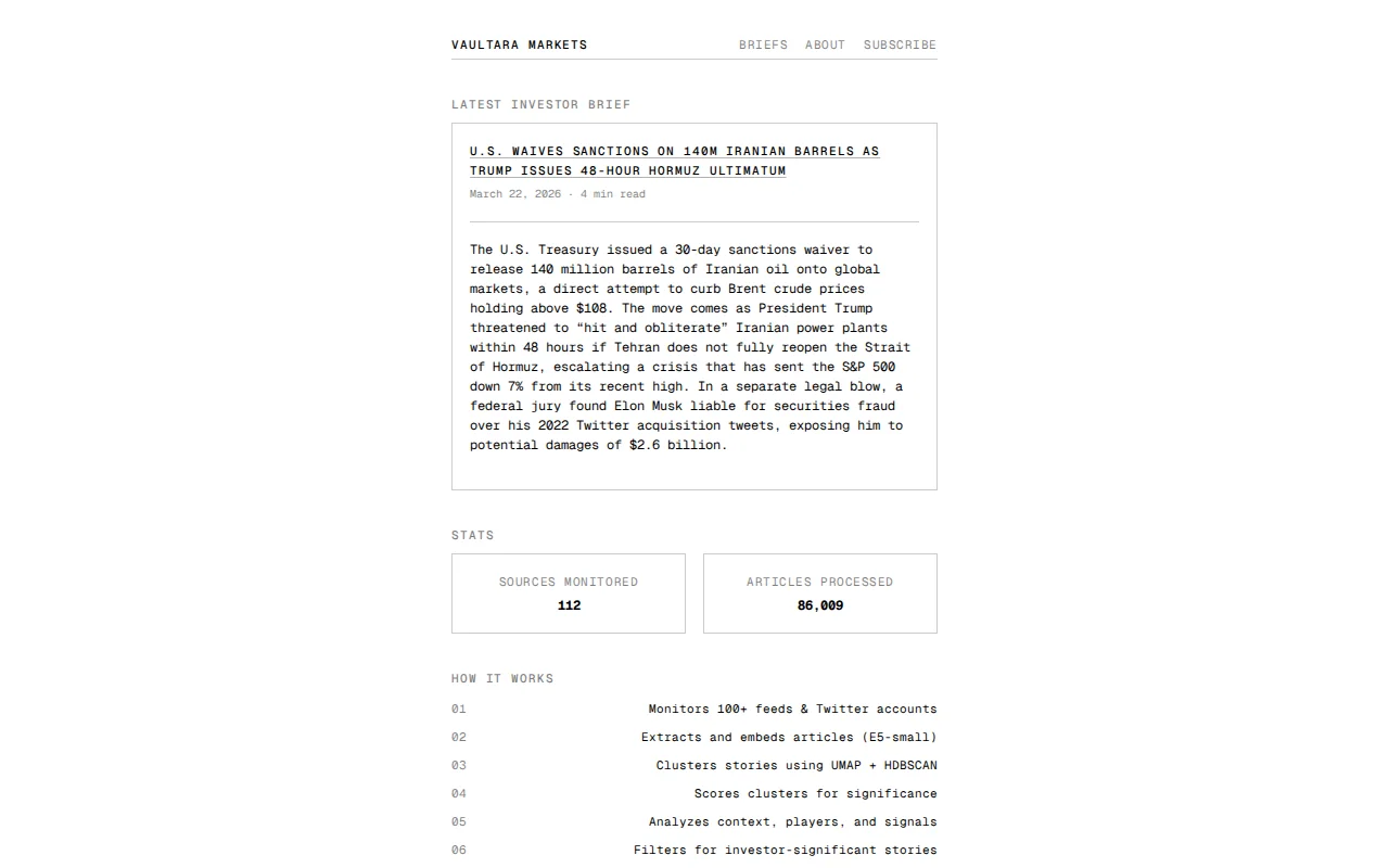 Vaultara Markets – multi-stage AI pipeline for daily investor briefings