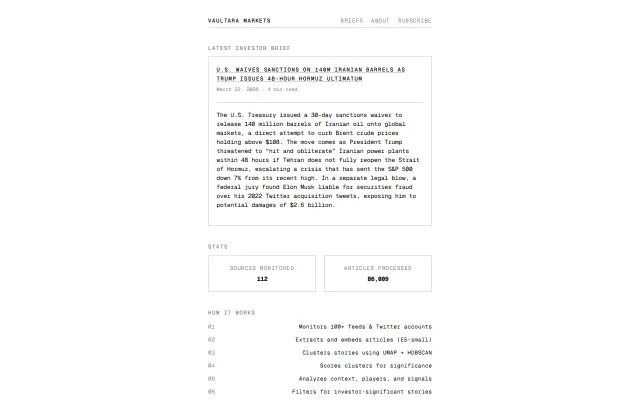 Vaultara Markets – multi-stage AI pipeline for daily investor briefings