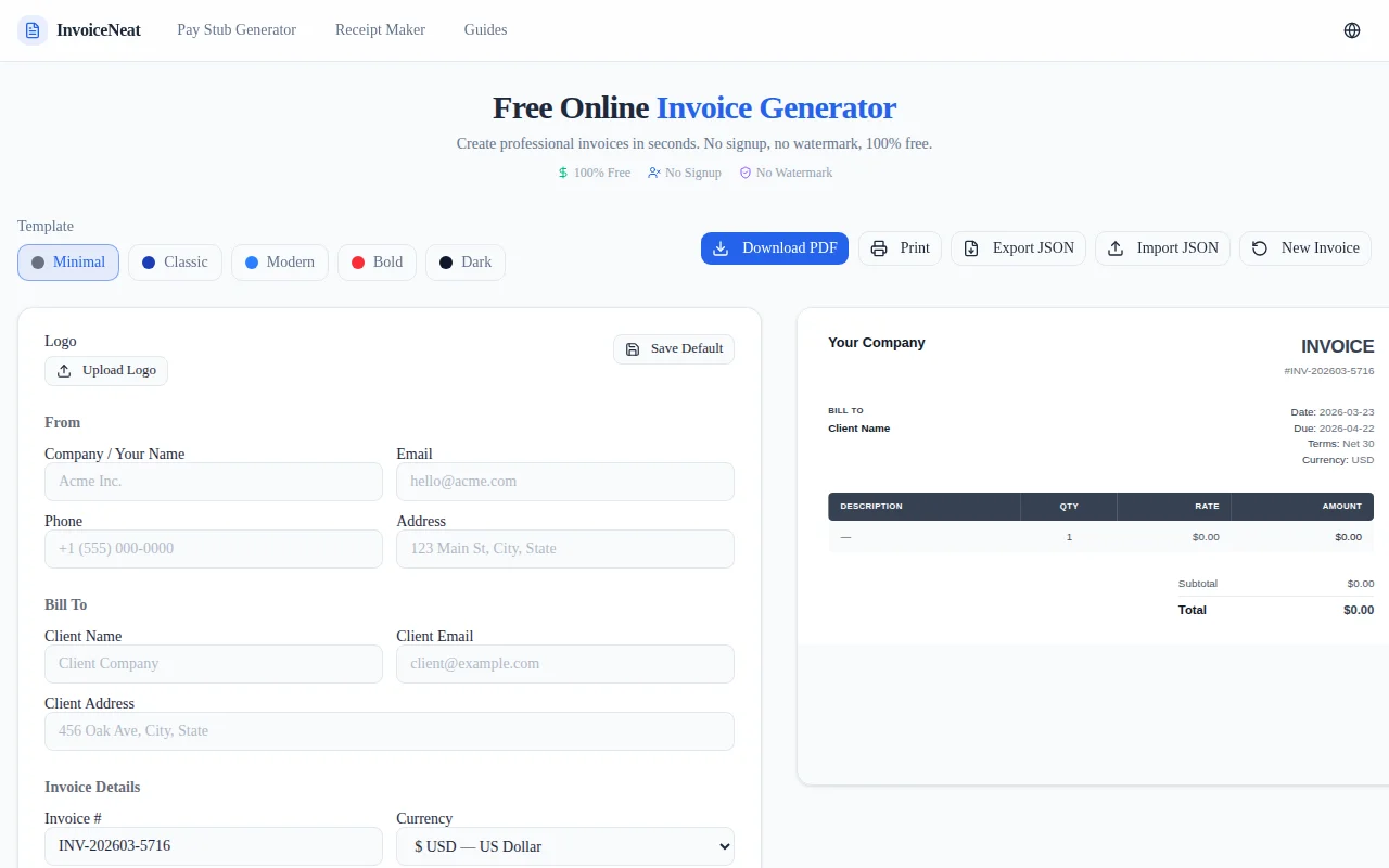 InvoiceNeat – Free invoice, pay stub and receipt generator, no signup
