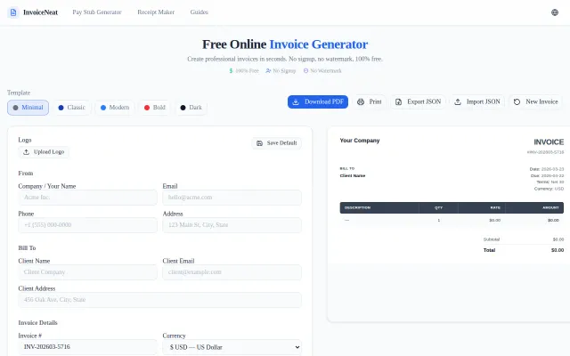 InvoiceNeat – Free invoice, pay stub and receipt generator, no signup