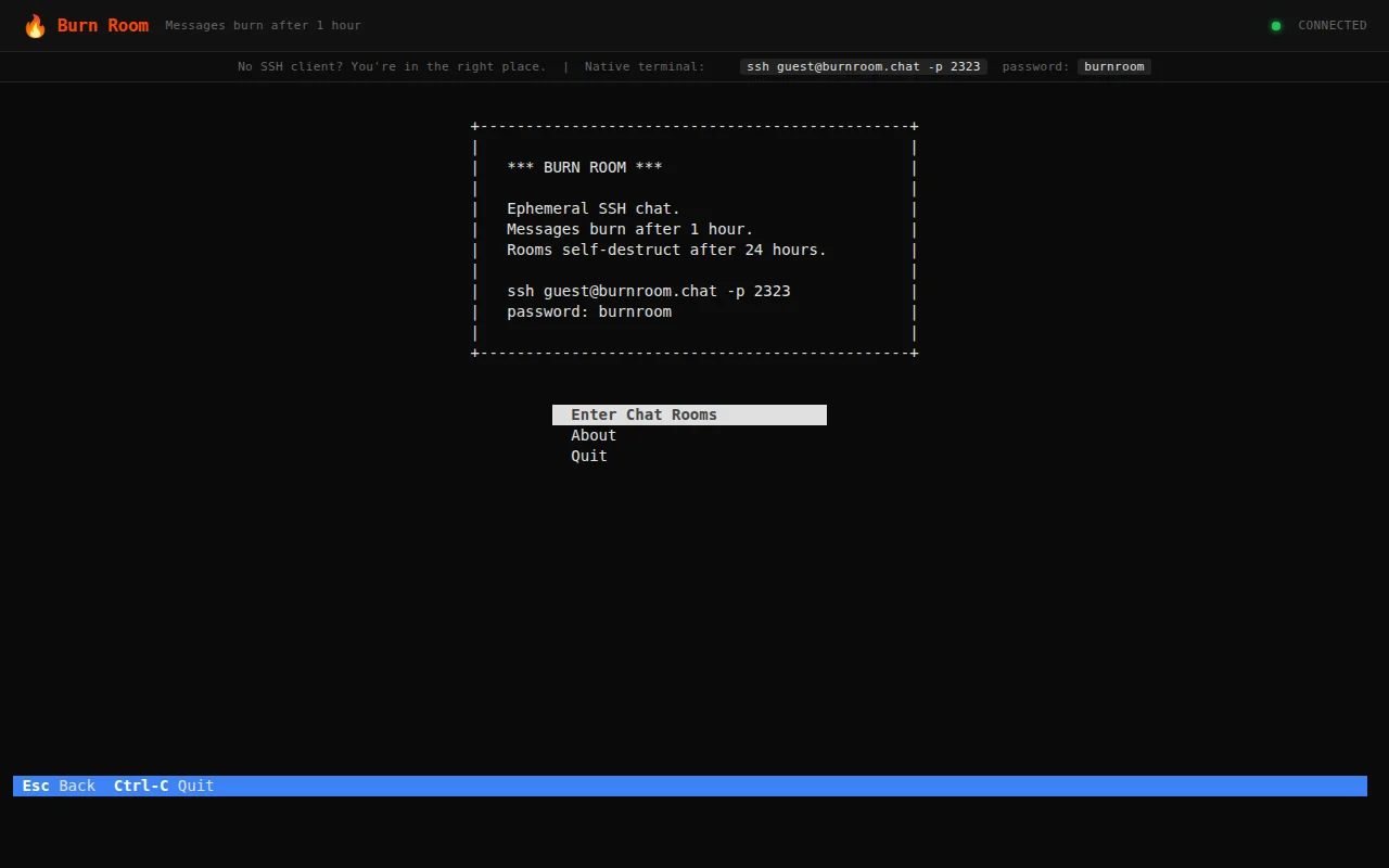 Burn Room – ephemeral SSH chat, messages burn after 1 hour