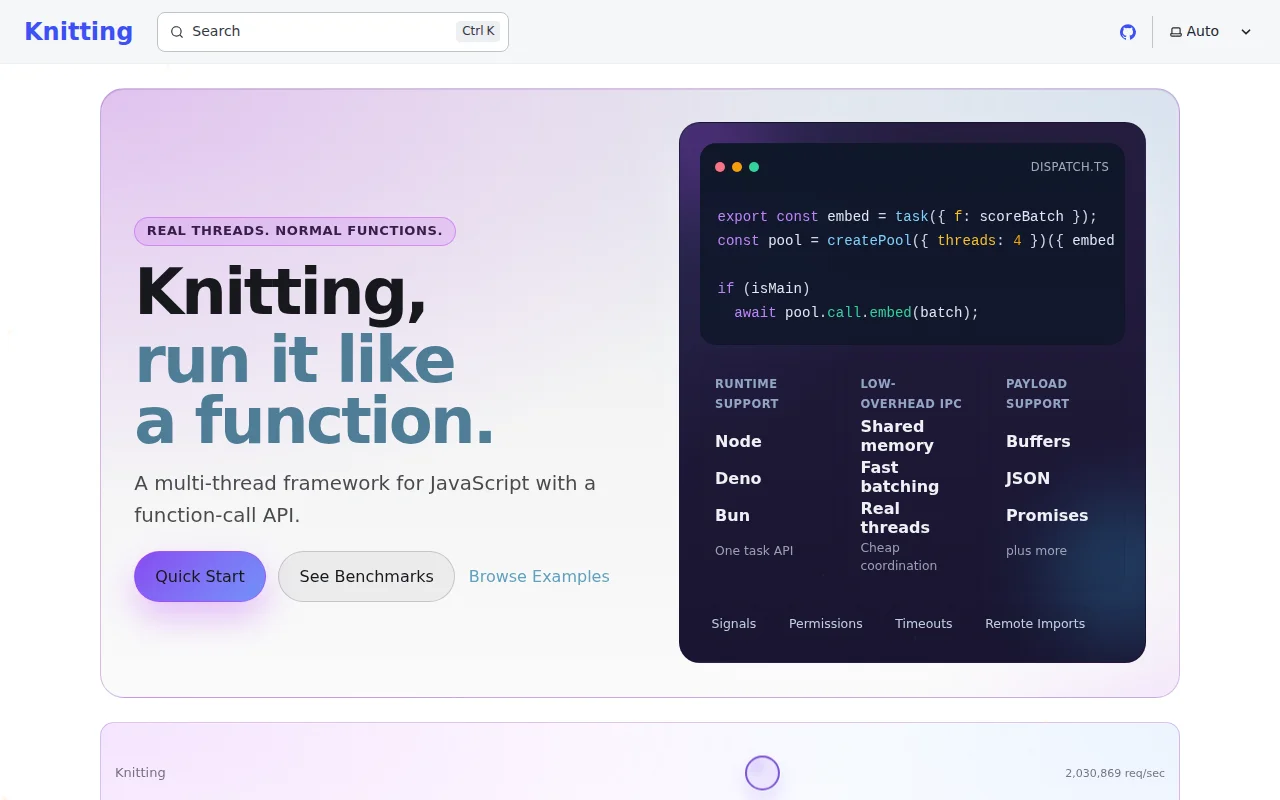 Knitting – shared-memory function calls for JavaScript workers
