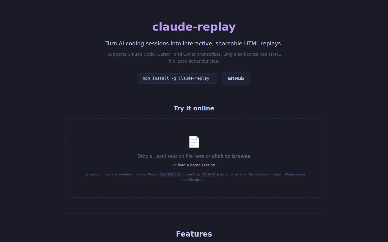 Claude-replay – Video-like player for AI coding sessions (web UI)