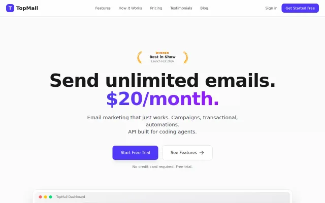 TopMail – LaunchFest Winner, $20/Mo Unlimited Email, Coding Agents API