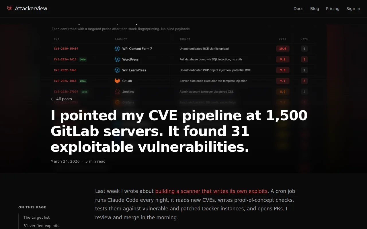 I pointed my CVE pipeline at 1,500 GitLab servers. It found 31 vulns