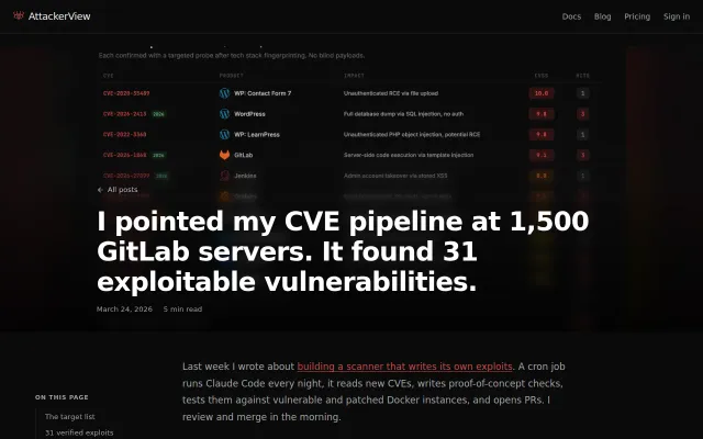 I pointed my CVE pipeline at 1,500 GitLab servers. It found 31 vulns