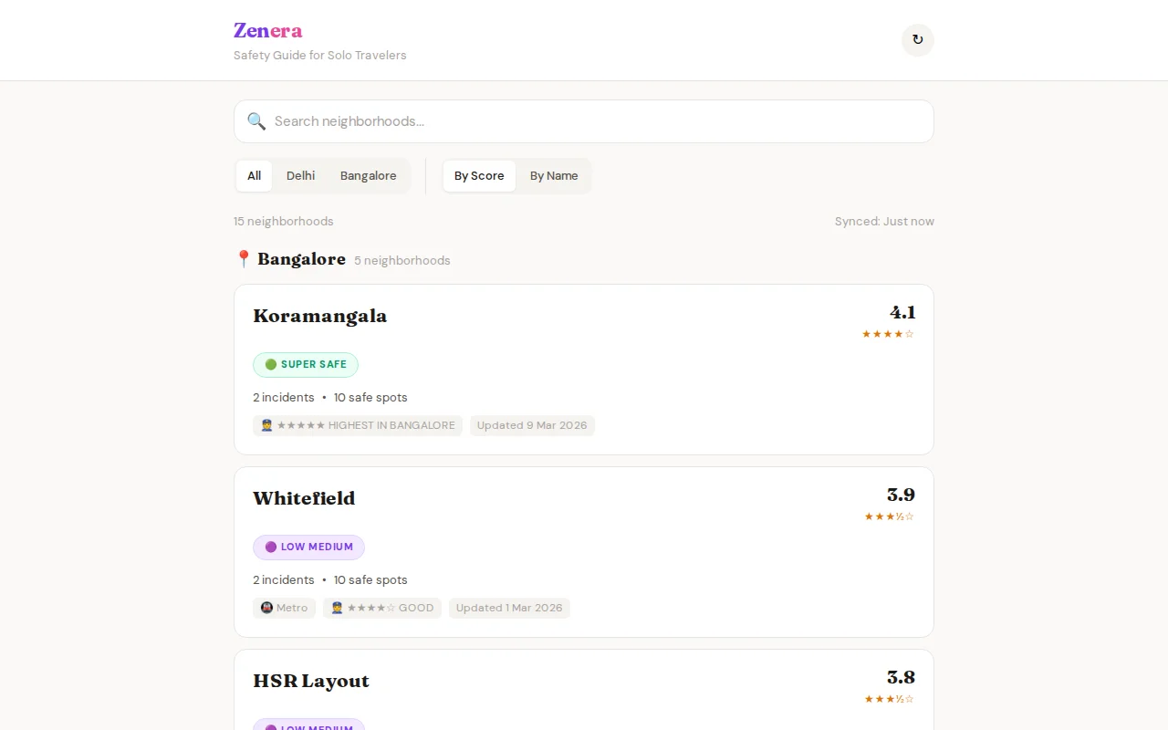 Zenera – Neighborhood-level safety data for solo travelers