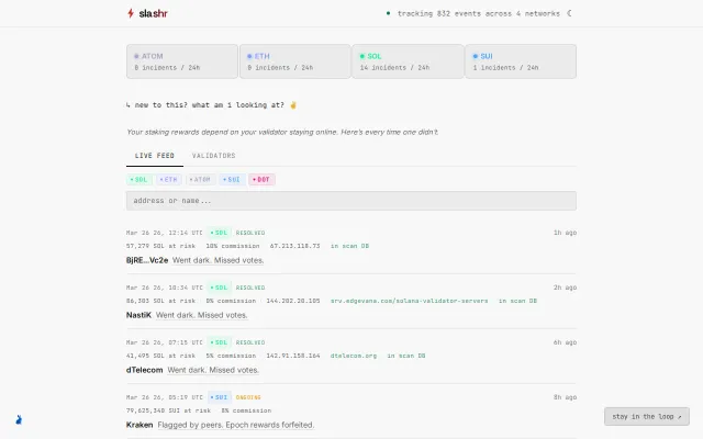 Slashr – live validator incident feed [SOL, ETH, SUI, ATOM]