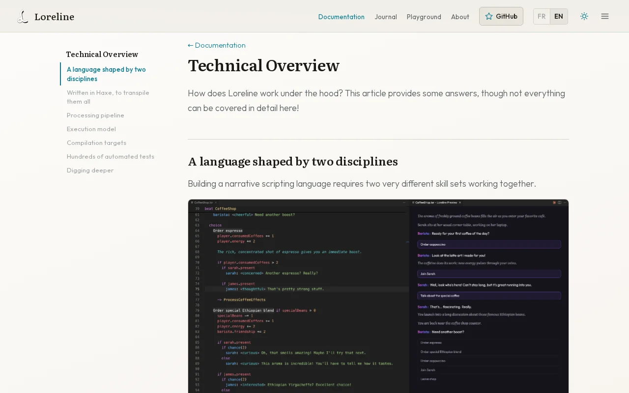 Loreline, narrative language transpiled via Haxe: C++/C#/JS/Java/Py/Lua