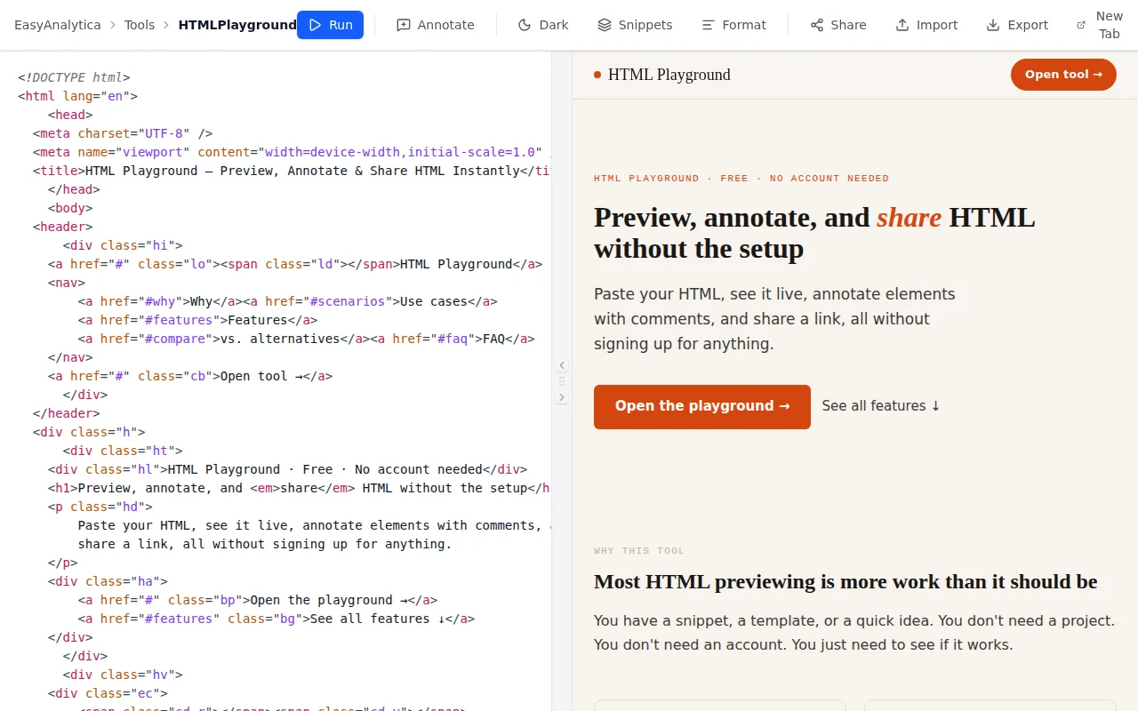 HTML/React/Tailwind snippet preview, annotation and secure sharing tool