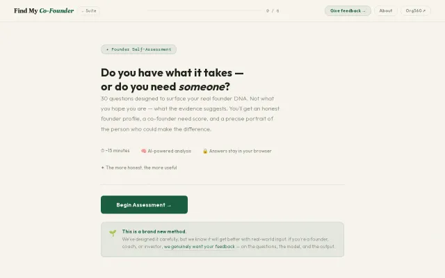 Find My Co-Founder – founder DNA assessment with AI match report